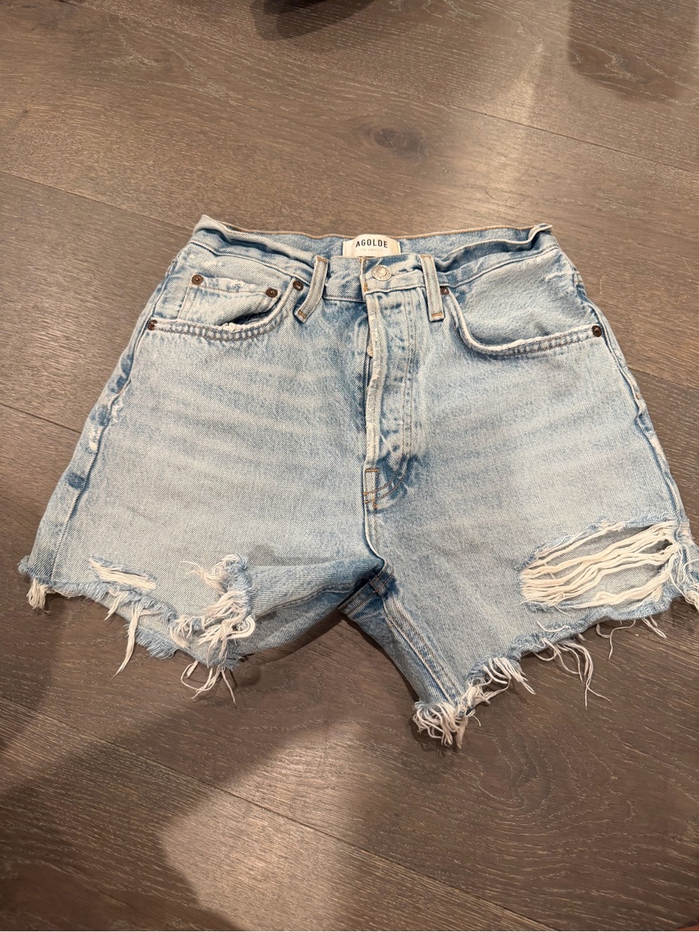 Agolde Light Wash High-Rise Distressed Denim Shorts